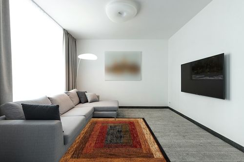 Home Dynamix Royalty Vega Contemporary Geometric Area Rug, Blue/Ivory, 5'2"x7'2" in Modern Living Room with Grey Couch