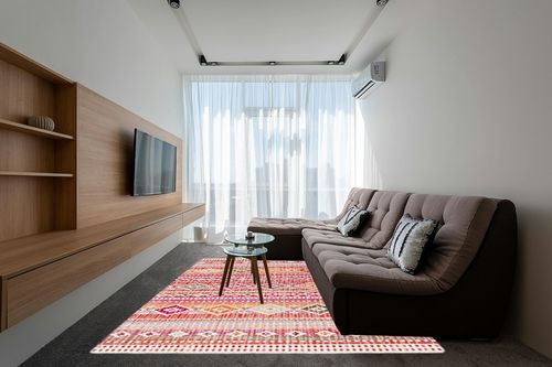 SAFAVIEH Montage Collection 8' x 10' Red / Fuchsia MTG271Q Boho Indoor/ Outdoor Non-Shedding Easy scrubbing Patio Backyard Porch Deck Mudroom Area-Rug in Grey Living Room with Brown Couch