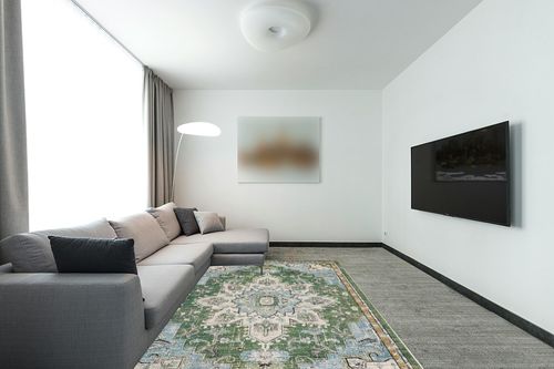 SAFAVIEH Madison Collection Area Rug - 6' x 9', Green & Turquoise, Boho Chic Medallion Distressed Design, Non-Shedding & Easy Care, Ideal for High Traffic Areas in Living Room, Bedroom (MAD473Y) in Modern Living Room with Grey Couch