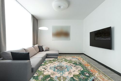 SAFAVIEH Monaco Collection Area Rug - 9' x 12', Forest Green & Light Blue, Boho Medallion Distressed Design, Non-Shedding & Easy Care, Ideal for High Traffic Areas in Living Room, Bedroom (MNC243F) in Modern Living Room with Grey Couch