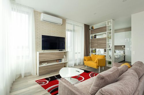 Red Modern Stain-resistant Living Room Area Rug in Light Modern Living Room with TV