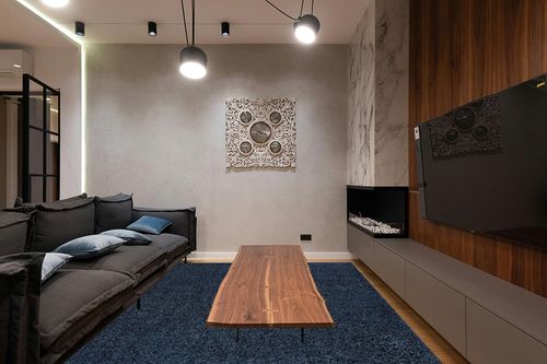 JONATHAN Y SEU100C-8 Haze Solid Low-Pile Indoor Area-Rug Casual Contemporary Solid Traditional Easy-Cleaning Bedroom Kitchen Living Room Non Shedding, 8 ft x 10 ft, Navy in Dark Wood Living Room with Black Couch