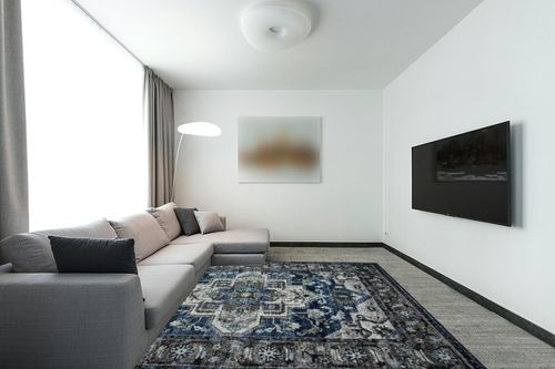 NEATIIP Washable Bohemian 8x10 Area Rug, Suitable for Bathroom for Bedroom Living Room Kitchen Outdoor The Boho Printed Area Rugs, Non-Slip Backing Washable Rug Blue/Coffee in Modern Living Room with Grey Couch