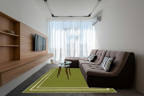 Nourison Essentials Indoor/Outdoor Solid Bordered Green Ivory 8' x 10' Area Rug, Easy Cleaning, Non Shedding, Bed Room, Living Room, Dining Room, Backyard, Deck, Patio (8x10) in Grey Living Room with Brown Couch