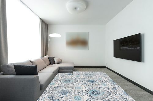 SAFAVIEH Madison Collection Area Rug - 8' x 10', Cream & Light Grey, Boho Chic Glam Paisley Design, Non-Shedding & Easy Care, Ideal for High Traffic Areas in Living Room, Bedroom (MAD600C) in Modern Living Room with Grey Couch