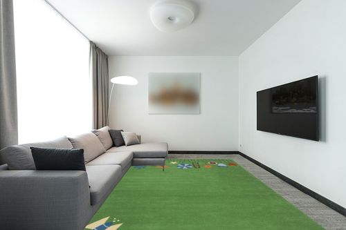 SAFAVIEH Kids Collection Area Rug - 9' x 12', Green & Multi, Handmade Grass and Flowers Wool, Ideal for High Traffic Areas in Living Room, Bedroom (SFK751A) in Modern Living Room with Grey Couch