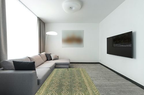 nuLOOM Serna Moroccan Indoor/Outdoor Area Rug, 5x8, Sage in Modern Living Room with Grey Couch