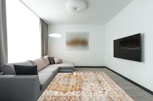befbee 8x10 Area Rugs for Living Room, Stain Resistant Neutral Washable Rugs for Dining Room, Floral Vintage Non-Slip Thin Large Size Area Rug (Orange/Yellow) in Modern Living Room with Grey Couch