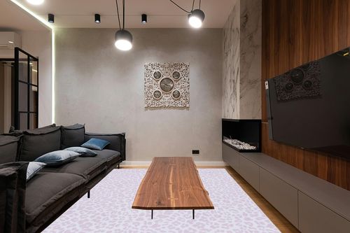 Safavieh Faux Hide Collection Area Rug - 9' x 12', Ivory & Pink, Leopard Rustic Design, Non-Shedding & Easy Care, Machine Washable Ideal for High Traffic Areas in Living Room, Bedroom (FAH505B) in Dark Wood Living Room with Black Couch