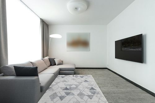 GlowSol 5x7 Area Rug Geometric Pattern Washable Area Rug Abstract Carpet Rug Modern Diamond Boho Accent Rug Livingroom Farmhouse Dining Room Rug Office Bedroom Decor, 5x7 Grey in Modern Living Room with Grey Couch