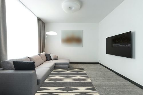 Fab Habitat Outdoor Rug - Waterproof, Fade Resistant, Crease-Free - Premium Recycled Plastic - Neutral Geometric Tribal - Patio, Porch, Deck, Balcony - Cairo - Natural & Black - 5 x 8 ft in Modern Living Room with Grey Couch