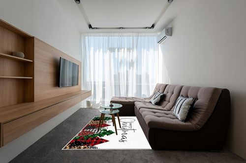 Merry Christmas Area Rug 5 x 8, Washable Bedroom Rug Non-Slip Kitchen Rugs Non Shedding Floor Cover Mat Runner Rug for Living Room Dining Room Outdoor Carpet Christmas Tree Buffalo Plaid Texture in Grey Living Room with Brown Couch