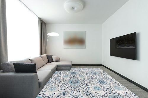 SAFAVIEH Madison Collection Area Rug - 9' x 12', Cream & Light Grey, Boho Chic Glam Paisley Design, Non-Shedding & Easy Care, Ideal for High Traffic Areas in Living Room, Bedroom (MAD600C) in Modern Living Room with Grey Couch