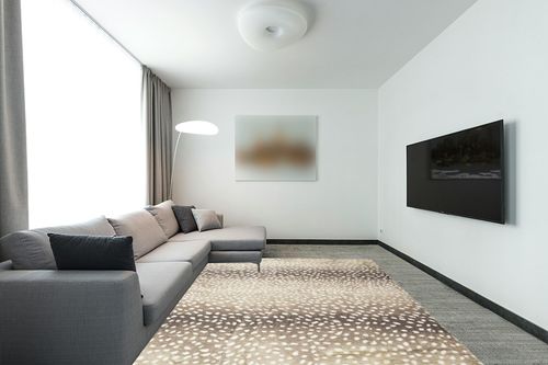 Dalyn Rugs Akina Antelope Animal Print AK3 Faux Fur Stone 8' x 10' in Modern Living Room with Grey Couch