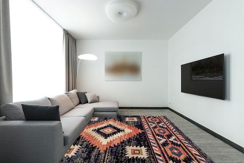 Well Woven Tulsa Lea Blue Traditional Southwestern Tribal 7'10" x 9'10" Area Rug in Modern Living Room with Grey Couch