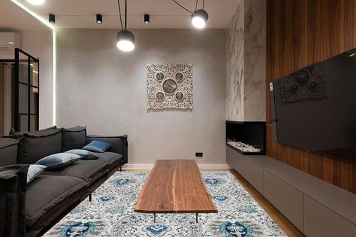 Area Rug Living Room Rugs: 8x10 Machine Washable Soft Boho Rug Chic Glam Paisley Low Pile Indoor Floor Carpet for Bedroom Under Dining Table Home Office House Decor - Blue in Dark Wood Living Room with Black Couch