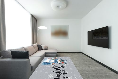 5' x 8' Area Rug, Christmas Non-Skid Rubber Backing Large Rectangle Rugs - Living Room Bedroom Home Office Xmas Snowman Bird Berry White Snowflake Grey Indoor Floor Mat Carpets in Modern Living Room with Grey Couch
