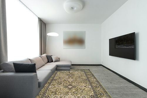 SUPERIOR Indoor Area Rug, Jute Backed, Perfect for Entryway, Office, Living/Dining Room, Bedroom, Kitchen, Hardwood Floor, Floral Medallion Decor, Radcliffe Collection, 6' x 9', Green in Modern Living Room with Grey Couch