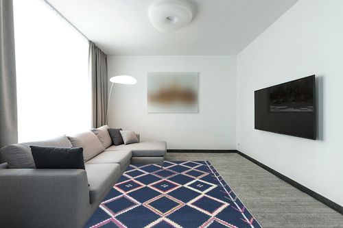 SAFAVIEH Bellagio Collection 6' x 9' Navy / Multi BLG563N Handmade Moroccan Boho Premium Wool Area Rug in Modern Living Room with Grey Couch