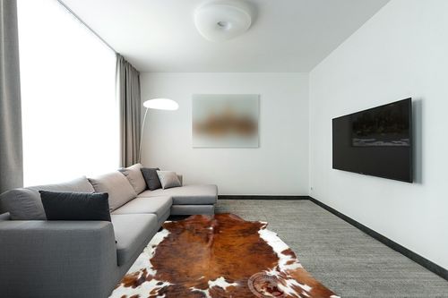 Sunshine Cowhides Genuine Brindle Tricolor Cowhide Rug - Luxurious Cow Rug for Bedroom, Living Room, and Home Decor Enthusiasts - Masterpiece of Style and Functionality - XL 6x7-8ft (180x220cm) in Modern Living Room with Grey Couch