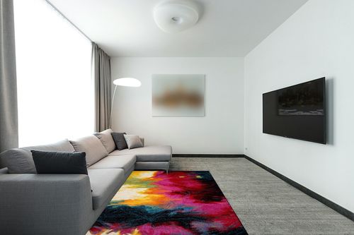 Home Dynamix Splash Mondrian Area Rug 5'2"x7'2", Abstract Black/Blue/Pink/Yellow in Modern Living Room with Grey Couch