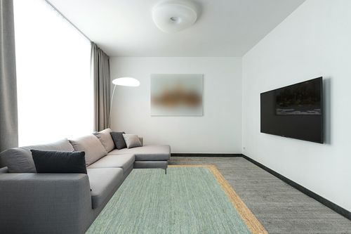 nuLOOM Eleonora Casual Jute Area Rug, 6x9, Green in Modern Living Room with Grey Couch