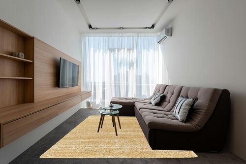Safavieh Hudson Shag Collection Area Rug - 8' x 10', Gold & Ivory, Modern Abstract Design, Non-Shedding & Easy Care, 2-inch Thick Ideal for High Traffic Areas in Living Room, Bedroom (SGH295D) in Grey Living Room with Brown Couch