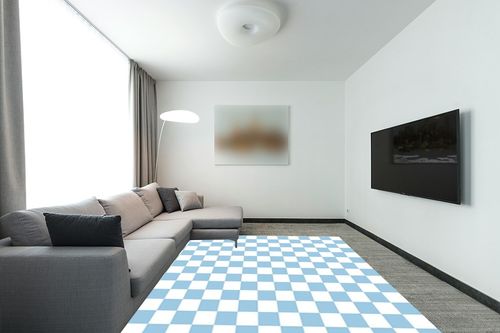 Retro Checkered Blue White Area Rug for Living Room Dining Room Bedroom Home Office Washable Fluffy Soft Carpet Playroom Nursery Room Large Faux Wool 8x10 Rug in Modern Living Room with Grey Couch
