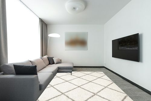 SAFAVIEH Hudson Shag Collection Area Rug - 8' x 10', Ivory & Grey, Modern Trellis Design, Non-Shedding & Easy Care, 2-inch Thick Ideal for High Traffic Areas in Living Room, Bedroom (SGH281A) in Modern Living Room with Grey Couch