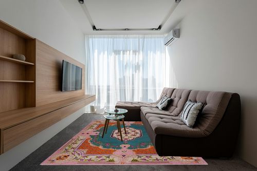 SAFAVIEH Bellagio Collection Area Rug - 8' x 10', Blue & Pink, Handmade Medallion Wool, Ideal for High Traffic Areas in Living Room, Bedroom (BLG535M) in Grey Living Room with Brown Couch