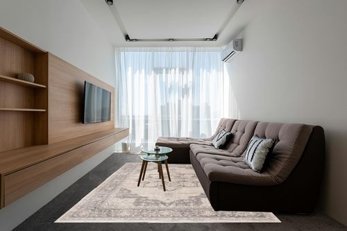SAFAVIEH Brentwood Collection Area Rug Rectangle - 8' x 10', Cream & Grey, Medallion Distressed Design, Non-Shedding & Easy Care, Ideal for High Traffic Areas in Living Room, Bedroom (BNT865B) in Grey Living Room with Brown Couch