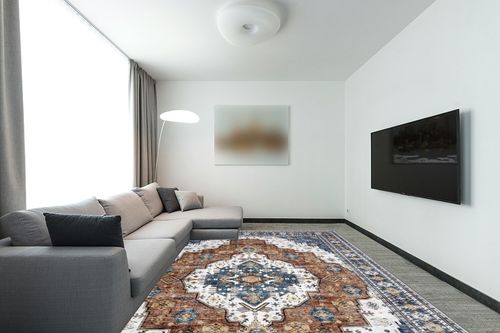 Washable Rug Living Room Rugs: 9x12 Area Rug Large Boho Medallion Distressed Carpets Indoor Soft Floor Anti Slip Carpet for Under Dining Table Bedroom Farmhouse Home Office - Blue/Orange Brown in Modern Living Room with Grey Couch