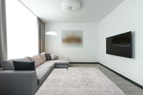 SAFAVIEH Reflection Collection Area Rug - 8' x 10', Light Grey & Cream, Vintage Distressed Design, Non-Shedding & Easy Care, Ideal for High Traffic Areas in Living Room, Bedroom (RFT670C) in Modern Living Room with Grey Couch