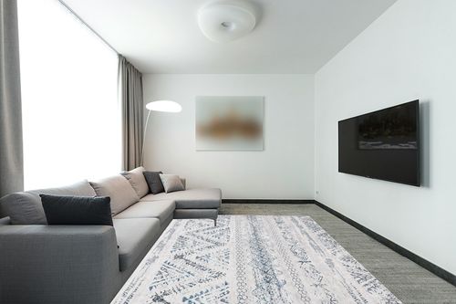 Area Rug Living Room Carpet: 8x10 Large Moroccan Soft Fluffy Geometric Washable Bedroom Rugs Dining Room Home Office Nursery Low Pile Decor Under Kitchen Table Blue/Ivory in Modern Living Room with Grey Couch