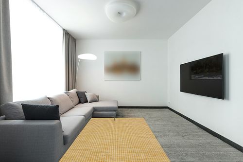 Nourison Positano Indoor/Outdoor Yellow 5' x 7' Area Rug, Easy Cleaning, Non Shedding, Bed Room, Living Room, Dining Room, Backyard, Deck, Patio (5x7) in Modern Living Room with Grey Couch