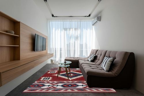 Eyely CWS100A-8 South Western Serape Medallion Southwestern Indoor Area Rug Geometric;Cottage;Bohemian;Classic, Bedroom, Kitchen, Living Room, Easy-Cleaning, Non-Shedding, 8 X 10, Red/Navy/Cream in Grey Living Room with Brown Couch