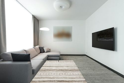 Washable Large Soft Neutral Boho Moroccan Bohemian Farmhouse Rug in Modern Living Room with Grey Couch