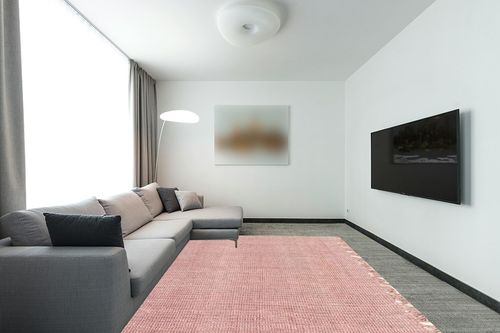 nuLOOM Daniela Farmhouse Chunky Jute Area Rug, 8x10, Baby Pink in Modern Living Room with Grey Couch