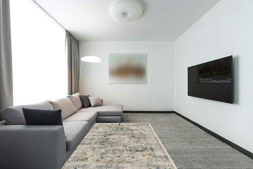 RUGGABLE Sarrah - Machine Washable Rug - Elegant Room Decor and Vintage Area Rug Perfect for Living Room Bedroom Kitchen - Stain & Water Resistant - Pet & Child Friendly - Sage 5'x7' (Standard Pad) in Modern Living Room with Grey Couch
