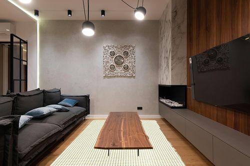 ITSOFT Non Slip Area Rug Pad Carpet Underlay Mat on Hard Floor Runner Extra Strong Grip, 6 x 9 Feet in Dark Wood Living Room with Black Couch