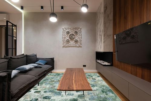 Lahome Abstract Washable Rug 8x10, Non-Slip Soft Bedroom Rugs Stain Resistant, Ultra-Thin 8x10 Rugs for Living Room Easy Clean Boho Green Rug Accent Carpet for Office Dining Room(8x10ft, Green) in Dark Wood Living Room with Black Couch