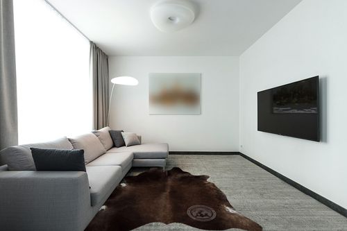 Sunshine Cowhides Genuine Dark Chocolate Brown Cowhide Rug 6 x 7-8 ft. 180 x 240 cm in Modern Living Room with Grey Couch