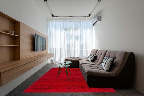 SAFAVIEH Adirondack Collection Area Rug - 8' x 10', Red & Black, Modern Abstract Design, Non-Shedding & Easy Care, Ideal for High Traffic Areas in Living Room, Bedroom (ADR117F) in Grey Living Room with Brown Couch