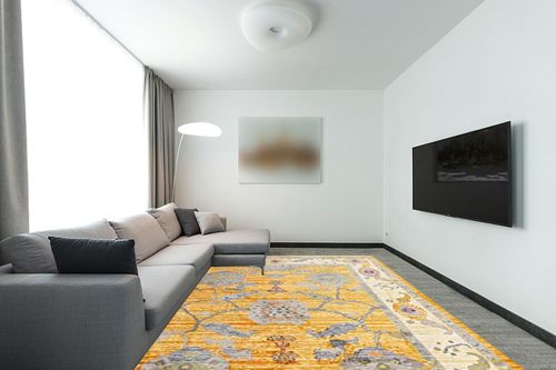 Rugs.com Paragon Collection Rug – 9' x 12' Yellow Medium-Pile Rug Perfect for Living Rooms, Large Dining Rooms, Open Floorplans in Modern Living Room with Grey Couch
