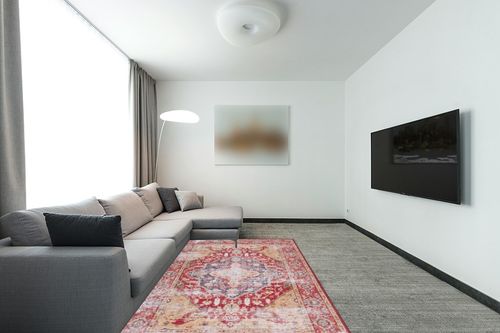 SAFAVIEH Tucson Collection Area Rug - 5' x 8', Rust & Gold, Persian Distressed Design, Non-Shedding Machine Washable & Slip Resistant Ideal for High Traffic Areas in Living Room, Bedroom (TSN131P) in Modern Living Room with Grey Couch