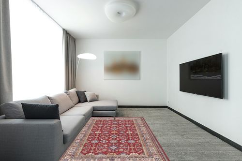 Rugland 5x7 Area Rugs - Stain Resistant Washable Rug, Anti Slip Backing Rugs for Living Room, Vintage Tribal Area Rugs(Burgundy, 5'x7') in Modern Living Room with Grey Couch