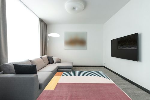 SAFAVIEH Orwell Collection Area Rug - 8' x 10', Rust & Yellow, Mid-Century Modern Abstract Design, Non-Shedding & Easy Care, Ideal for High Traffic Areas in Living Room, Bedroom (ORW368P) in Modern Living Room with Grey Couch