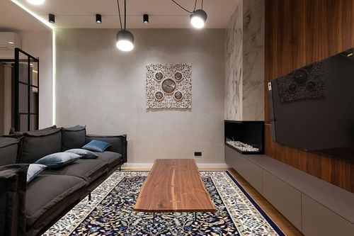 Unique Loom Narenj Collection Area Rug - Bristol (7' 10" x 10' Rectangle, Navy Blue/ Beige) in Dark Wood Living Room with Black Couch