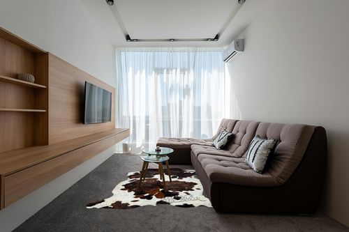 Tricolor Cowhide Rug Classic Brown, Black and White Color Mix, Natural Leather Hide, Area Rug (6x7ft) in Grey Living Room with Brown Couch