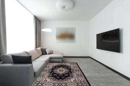 Home Dynamix Premium Sakarya Traditional Medallion Area Rug, Navy Blue/Brown, 5'2"x7'4" in Modern Living Room with Grey Couch